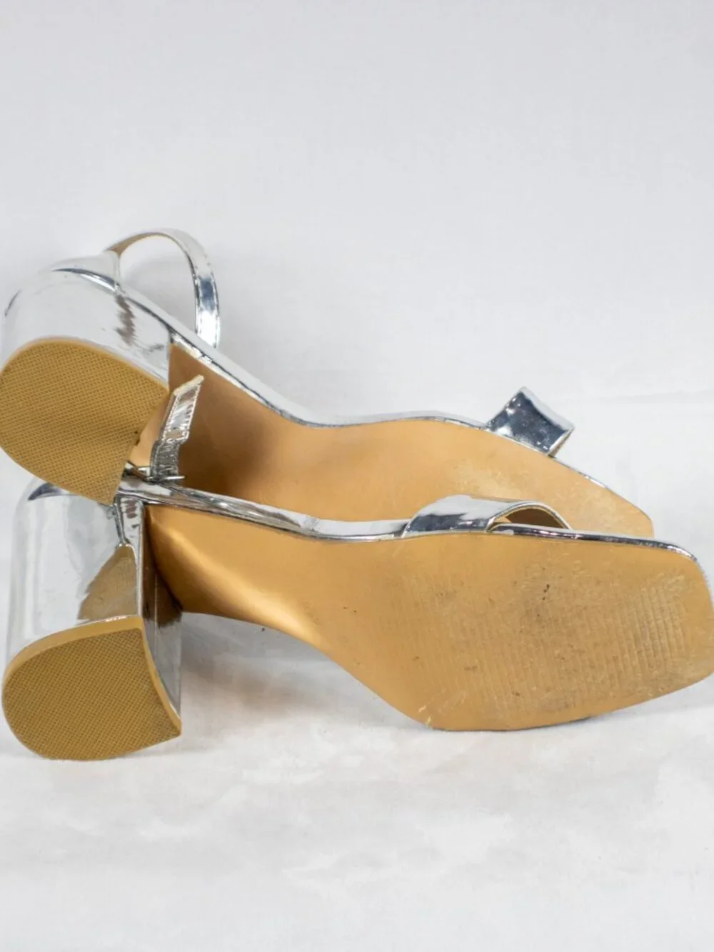 Yoki Metallic Silver Square Toe Ankle Strap Block Heels Size 6.5
